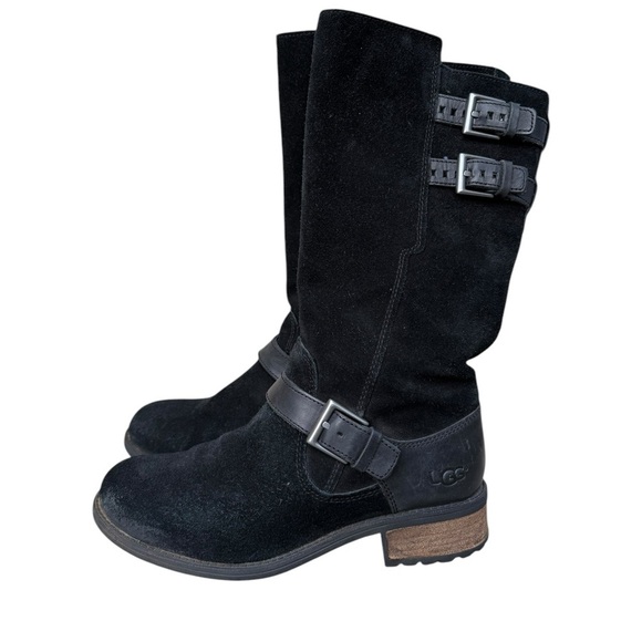 UGG Womens Black Suede Leather EVERGLAYDE Biker Buckle Zip Boots Sz 8 - Picture 15 of 15